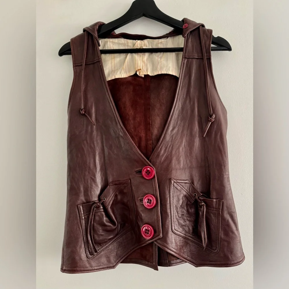 Women's Brown Leather Vest with Hood - Picture 2 of 8